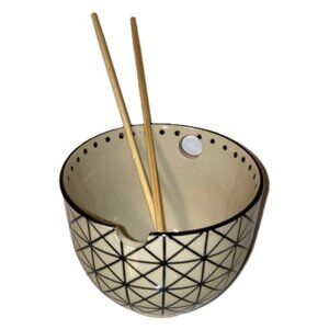 Noodle Ramen Bowl with Cutouts and Wooden Chop Sticks Geometric- Home Essentials
